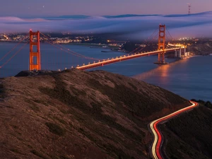 Golden Gate Strait, Most Golden Gate Bridge, State of California, The United States, Night, clouds, San Francisco, light, Town
