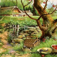 fruit, Garden, Hat, basket, apple-tree, trees