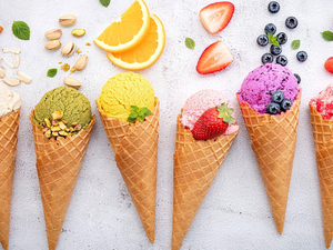 Knobs, Cones, Tastes, ice cream, wafers, different, fruit