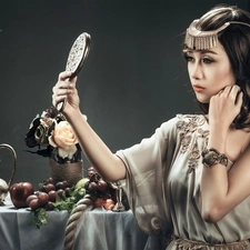Table, jewellery, Apple, mirror, brunette, Fruits, Grapes