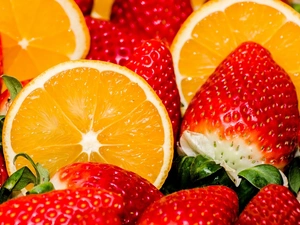 Fruits, strawberries, orange