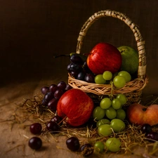 Grapes, basket, peach, Truck concrete mixer, apples, Fruits