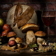 Wine, mushrooms, Sweet Chestnuts, Bottle, composition, glass, Fruits
