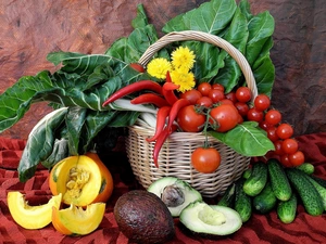 vegetables, basket, composition, Fruits