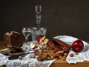 apples, bread, carafe, sausage, board, glass, nuts, composition, vodka, garlic, cloth, Table