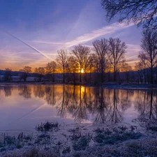 trees, Sunrise, Bavaria, Germany, viewes, Naab River