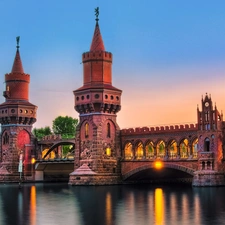 Floodlit, bridge, Germany, antique