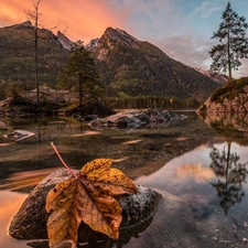 Alps, Mountains, Lake Hintersee, rocks, Bavaria, Germany, viewes, Great Sunsets, trees