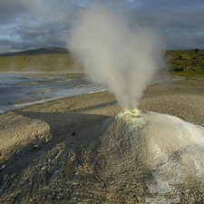 geyser, water, clouds