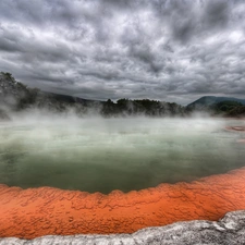 geyser, clouds, Mountains