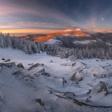 viewes, Mountains, forest, moon, Snowy, winter, Giant Mountains, Poland, Sunrise, trees