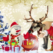 reindeer, Santa, gifts, Christmas, christmas tree, Snowman