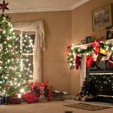 socks, Lights, burner chimney, gifts, christmas tree