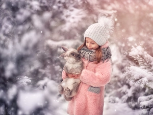 Kid, Rabbit, winter, girl