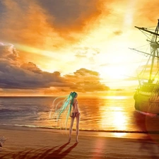 girl, Ship, west, sun, sea