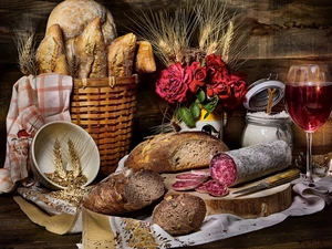 glass, bread, sausage, knife, Wine, bread, Ears, roses, board, basket