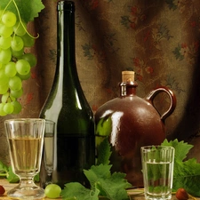Grapes, Wine, glass, Bottles