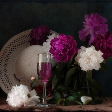 glass, Peonies, Hat