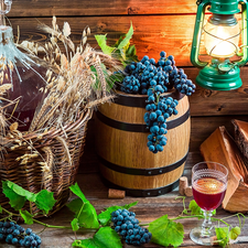 Demijohn, Nice Bottle, Wine, barrel, Wood, glass, Leaf, Oil Lamp, Grapes