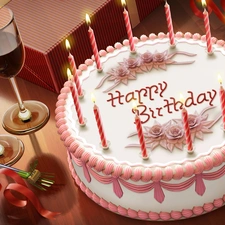 Cake, candles, glasses, birthday