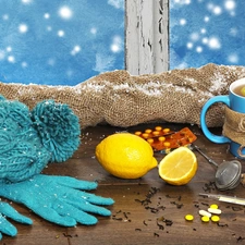 tea, Hat, tablets, Gloves, Window, Lemon, thermometer
