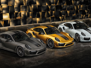 Golden, White, Porsche 911 Turbo S Exclusive, Black, Three
