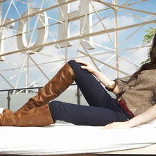 high boots, Hotel hall, Selena Gomez, hammock chair, smiling