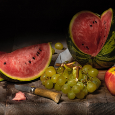 Apple, watermelon, boarding, Grapes, Fruits, knife, napkin
