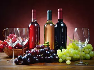 Wines, Three, glasses, Grapes, Three, Bottles