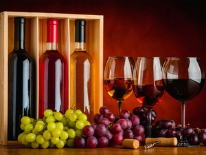 Bottles, Grapes, Three, glasses, Wine