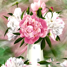 Peonies, graphics, Vase, bouquet, Flowers