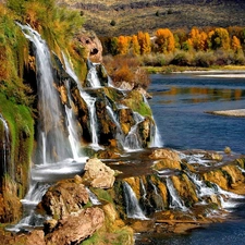 grass, autumn, rocks, forest, waterfall