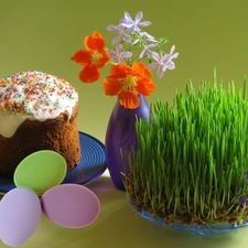 grass, Flowers, cake, Easter, eggs