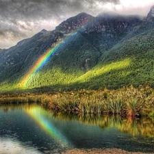 lake, Great Rainbows, grass, Mountains
