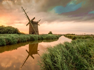 Old car, Windmill, grass, west, River
