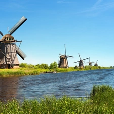 grass, Windmills, River