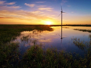 Backwaters, west, Windmill, grass, water, sun