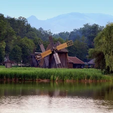 grass, Windmills, trees, viewes, River