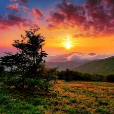 Great Sunsets, clouds, medows, Mountains, trees