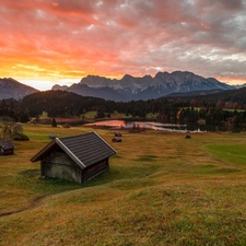 clouds, car in the meadow, Great Sunsets, viewes, trees, Bavaria, Houses, Karwendel Mountains, Germany, Sheds, woods, Geroldsee Lake