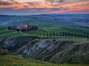 Great Sunsets, The Hills, Way, Houses, viewes, Tuscany, Italy, trees