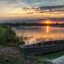 lake, coast, Great Sunsets, Boat