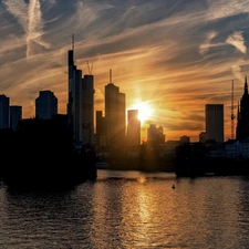 Great Sunsets, Houses, Frankfurt am Main, Germany, River Men, skyscrapers