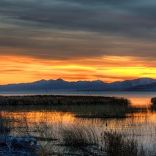 Mountains, scrub, Great Sunsets, lake