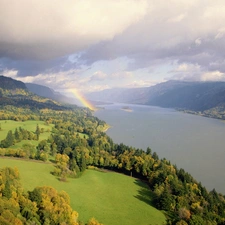 Mountains, woods, Great Rainbows, River