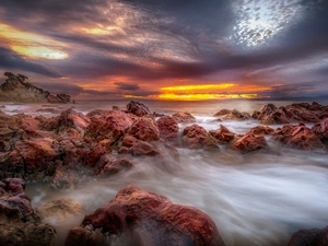 Great Sunsets, sea, North Island, New Zeland, Coromandel Peninsula, rocks
