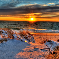 Great Sunsets, sea, Dunes, snow, Beaches