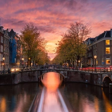 Amsterdam, Netherlands, Leidsegracht Canal, bridge, light, Great Sunsets, viewes, Houses, trees