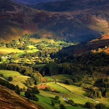 green, Mountains, Houses