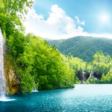 waterfall, Mountains, green, lake